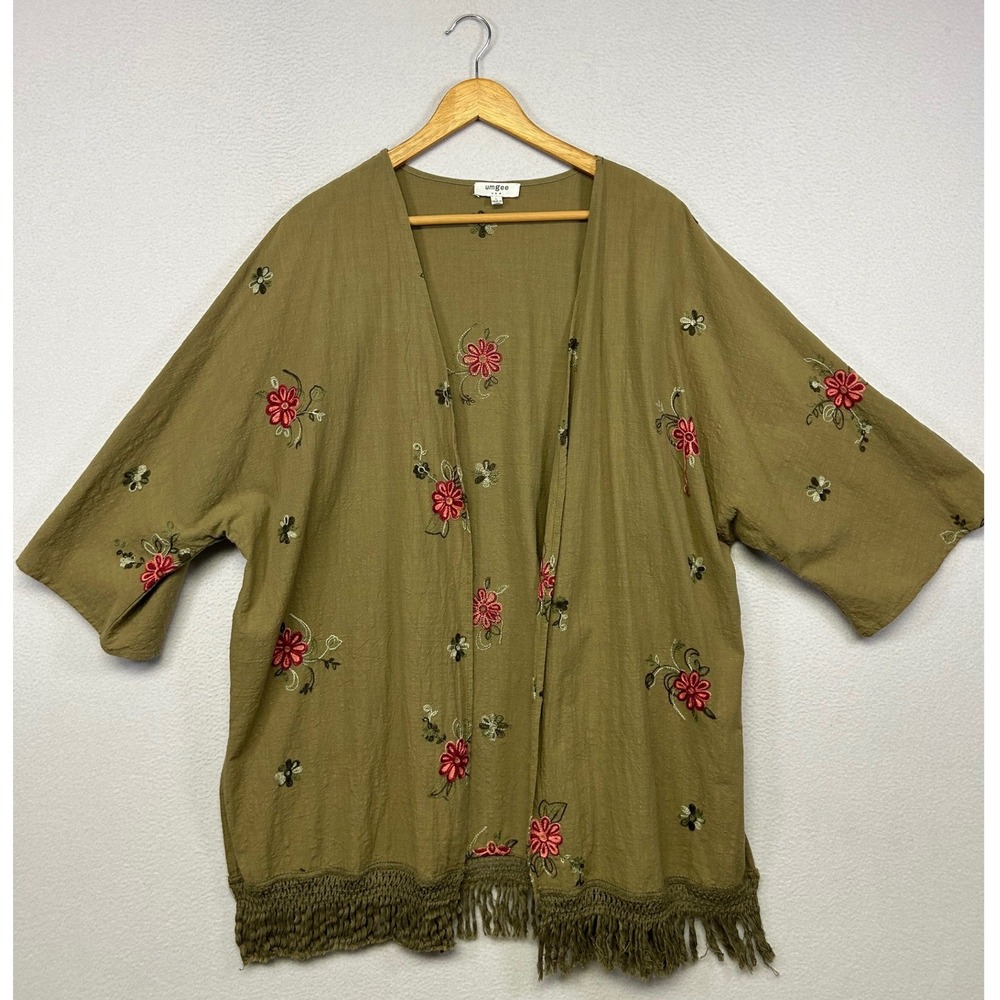 Boho Cottagecore Umgee Womens Large Olive Green Floral Fringe Kimono L5130